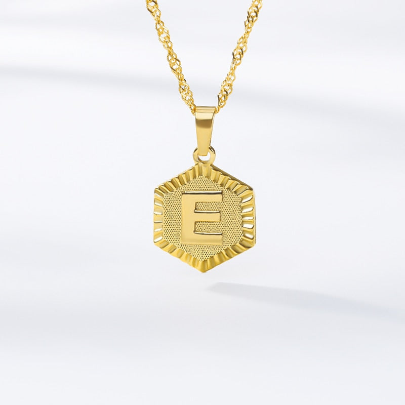 A-Z Letter Hexagon Initial Necklaces For Women, Men. Gold Color Stainless Steel Neck Chain Male, Female Pendant Necklace Jewelry